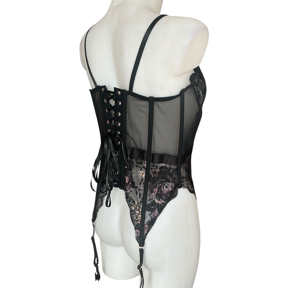 Coquette Black Lacey Zip Up Corset with Attached Garters Lace Up Back XL - Picture 11 of 16